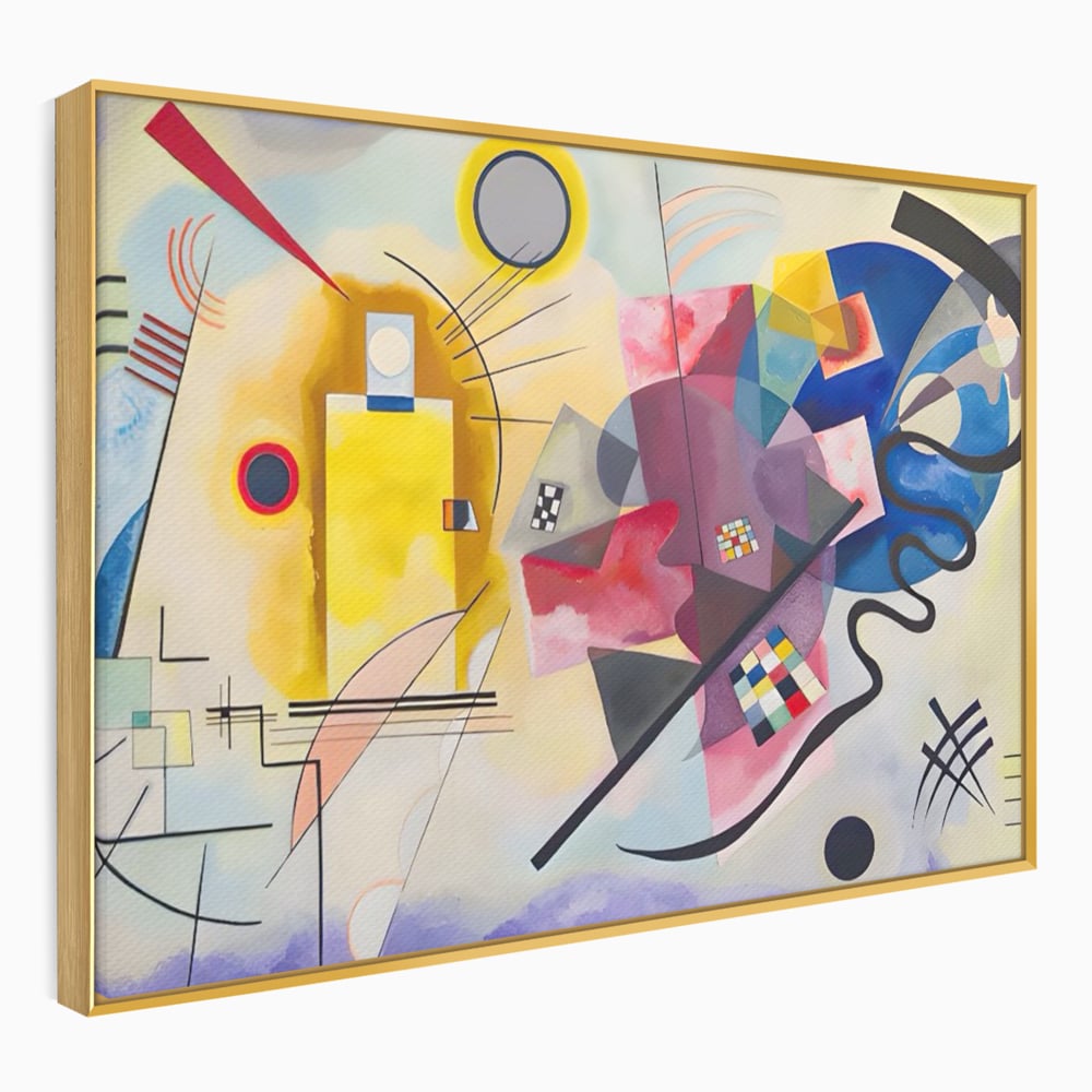 Tablou canvas cu pictura abstracta cu forme geometriche si linii, in rama de aluminiu auriu